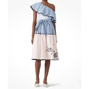 Hemant & Nandita Melantha Blue Pink Check Print One Shoulder Ruffle Dress Size M